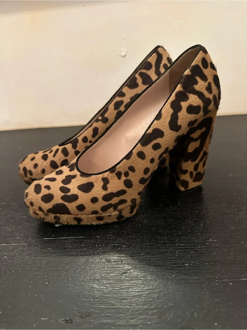 Miu Miu Leopard Print Calf Hair Pumps in Tan and Black